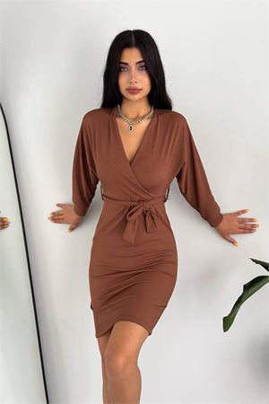 kadın kuşaklı kruvaze yaka örme elbise DPKKLF47