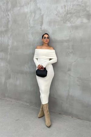 Dipmoda kadın triko ekru madonna yaka uzun elbise DPDM1218