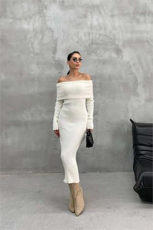 Dipmoda kadın triko ekru madonna yaka uzun elbise DPDM1218