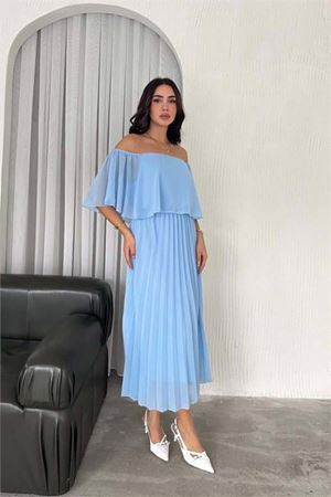 kadın madonna yaka piliseli şifon elbise DPK2099