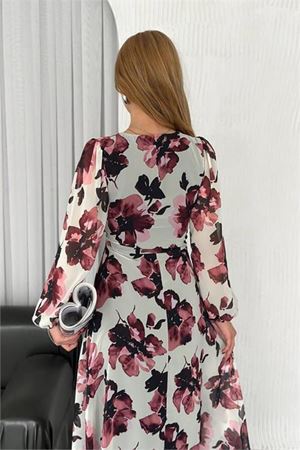 kadın dönük yaka desenli şifon elbise DPK30441