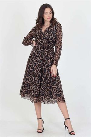 kadın yakası bağlama dertaylı leopar şifon elbise DPRSSN07