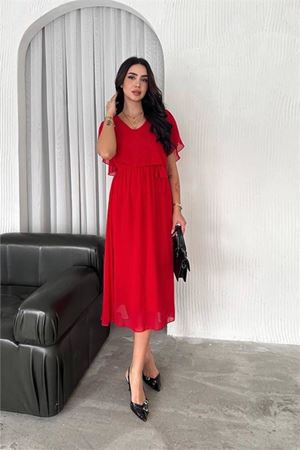 kadın kuşaklı midi boy şifon elbise DPK4116