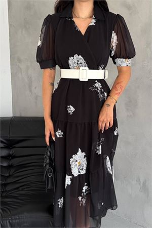 Dipmoda kadın kemerli gömlek yaka desenli şifon elbise DPQ011