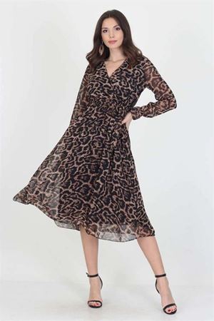kadın yakası bağlama dertaylı leopar şifon elbise DPRSSN07