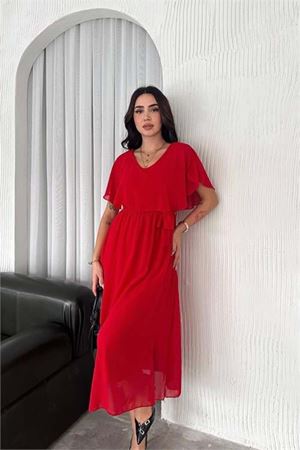 kadın kuşaklı midi boy şifon elbise DPK4116