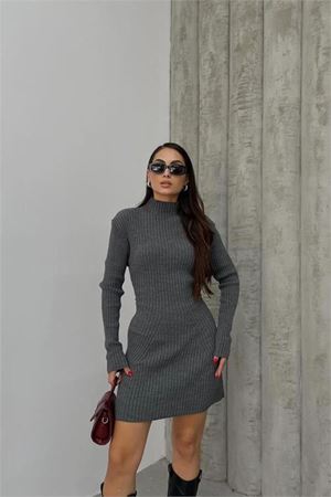 kadın antrasit fitilli mini triko elbise DPDM1208