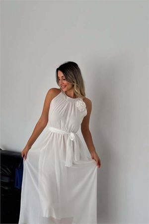 kadın gül broş detaylı uzun şifon elbise DPK2144