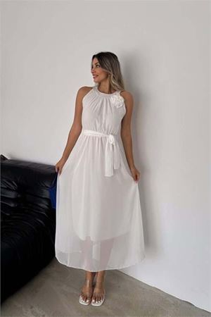 kadın gül broş detaylı uzun şifon elbise DPK2144