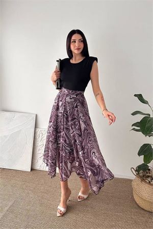 Kadın mürdüm modern kesim vatkalı asimetrik kesim mermer desen elbise DPK4593