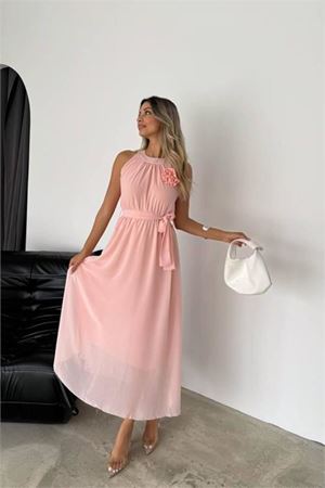 kadın gül broş detaylı uzun şifon elbise DPK2144