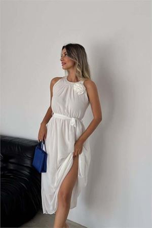 kadın gül broş detaylı uzun şifon elbise DPK2144