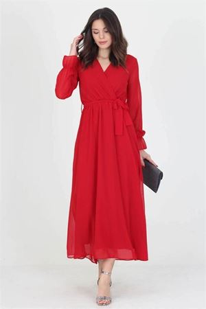 Kadın Yeni Sezon Astarlı Kruvaze Yaka Uzun Şifon Elbise DP003