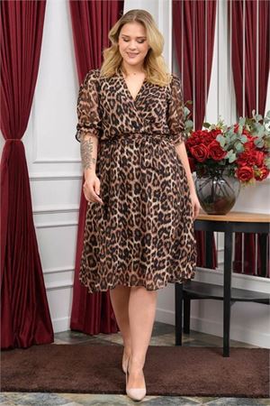 kadın leopar desenli büyük beden şifon elbise RY80622