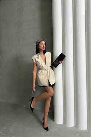 Dipmoda Kadın Salaş Kemerli Kolsuz Blazer Ceket Dpg076