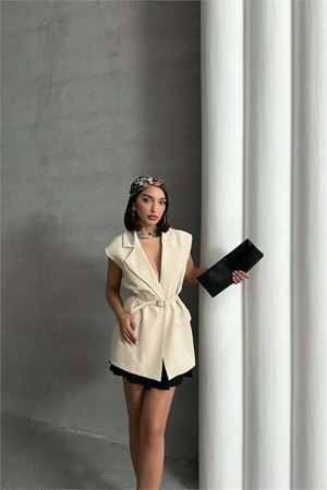 Dipmoda Kadın Salaş Kemerli Kolsuz Blazer Ceket Dpg076