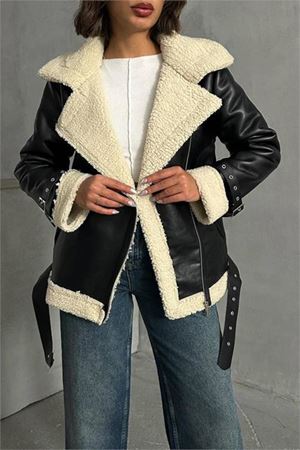 Dipmoda Kadın Siyah Deri Içi Kıvırcık Biker Ceket Dpg049