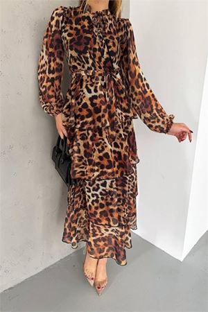 kadın eteği kat kat leopar desenli şifon elbise DPKKLF2036