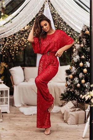 kadın kırmızı kemerli tasarım tulum DPEMP2350