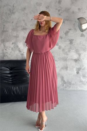 kadın madonna yaka piliseli şifon elbise DPK2099
