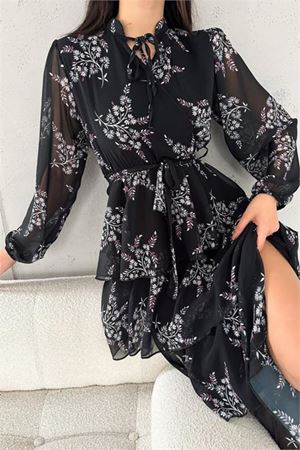 kadın astarlı eteği kat kat desenli şifon elbise DPKKLF2036