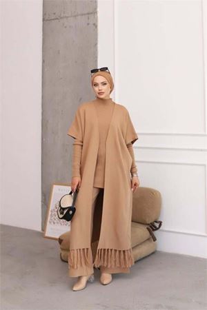 kadın camel tesettür üçlü triko takım NMS021