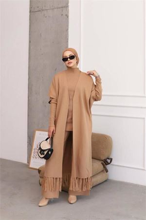 kadın camel tesettür üçlü triko takım NMS021