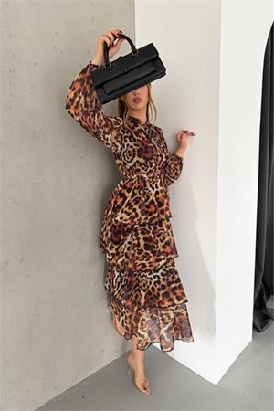 kadın eteği kat kat leopar desenli şifon elbise DPKKLF2036