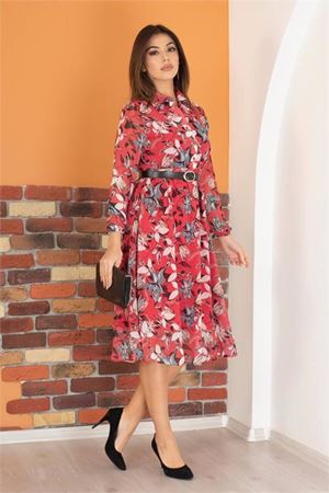 kadın kırmızı kemerli çiçek desenli şifon elbise DPRY0031