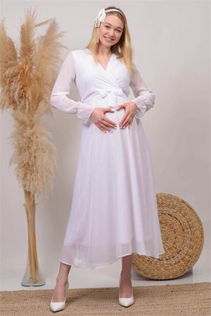 kadın beyaz kruvaze yaka baby shower şifon hamile elbise DPHML003