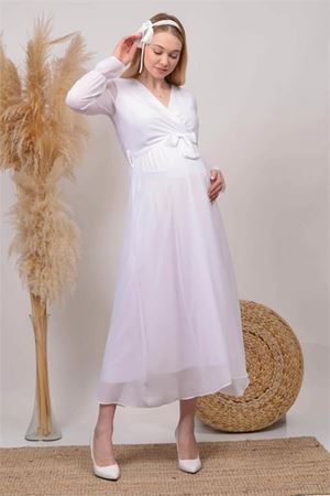 kadın beyaz kruvaze yaka baby shower şifon hamile elbise DPHML003