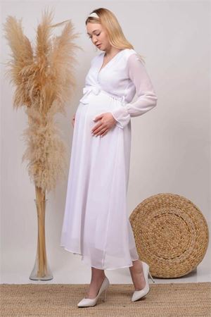 kadın beyaz kruvaze yaka baby shower şifon hamile elbise DPHML003