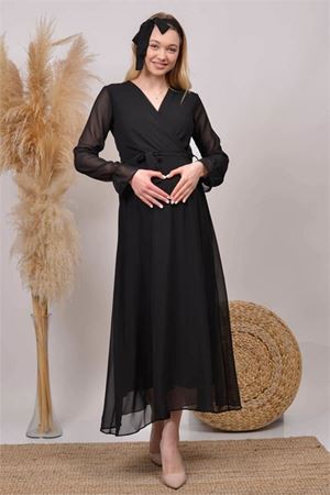 kadın siyah kruvaze yaka baby shower şifon hamile elbise DPHML003