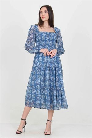 Kadın indigo gipeli kare yaka desenli şifon elbise DP100361
