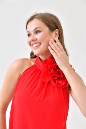 Dipmoda Kadın Kırmızı Şifon Gül Detaylı Uzun Abiye Elbise Dps9351