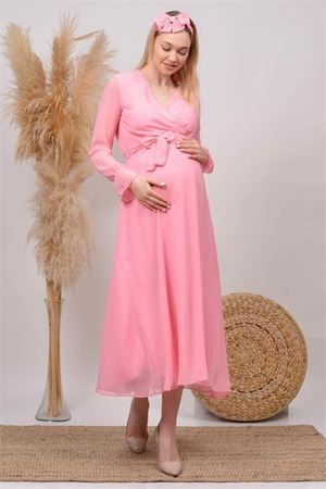 kadın pudra kruvaze yaka baby shower şifon hamile elbise HML003