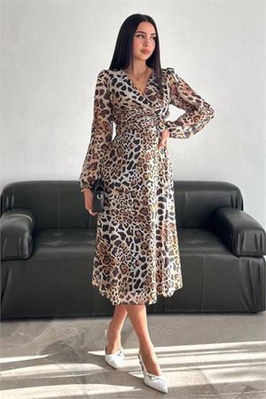 kadın leopar desenli şifon elbise DPK3044