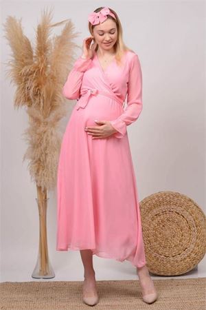 kadın pudra kruvaze yaka baby shower şifon hamile elbise HML003
