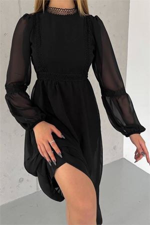 kadın siyah midi boy astarlı şifon elbise DPK2024