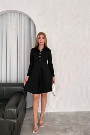 kadın triko düğme detaylı piliseli mini elbise DPK2166