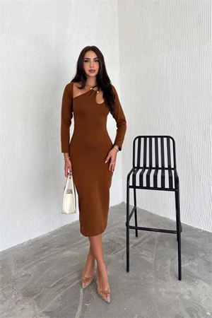 kadın taba yaka detaylı triko elbise DPK2219