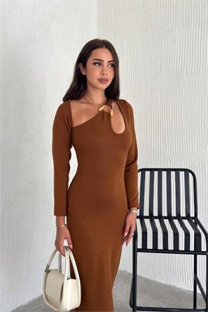 kadın taba yaka detaylı triko elbise DPK2219