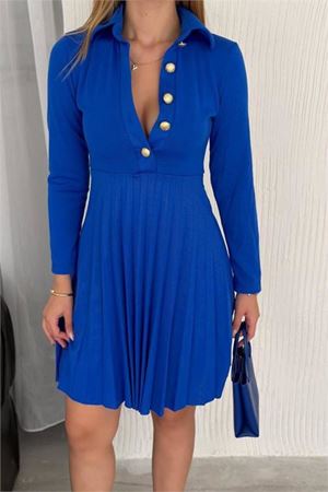 kadın triko düğme detaylı piliseli mini elbise DPK2166