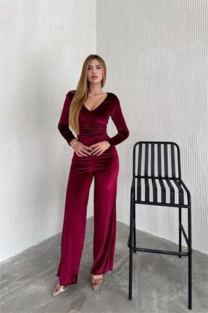 Dipmoda Kadın V-yaka Büzgü Detaylı Kadife Tulum Dpk2197