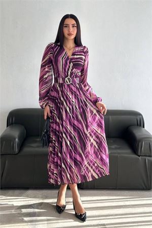 kadın kruvaze yaka piliseli midi şifon elbise DPK30292