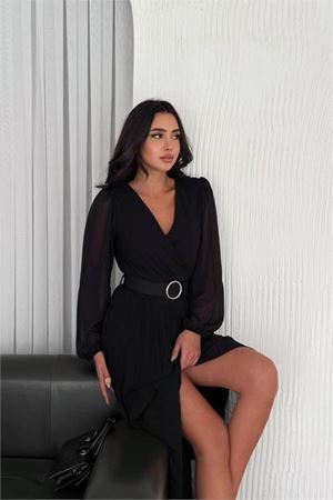 kadın siyah piliseli kemerli şifon elbise DPK3028