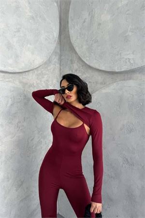 Dipmoda Kadın Bordo Bolero Detaylı Ispanyol Tulum Dpdf120