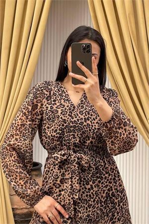 kadın kuşaklı leopar desenli şifon elbise DPMY3709