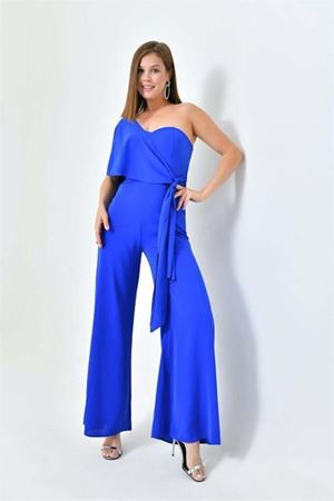 Dipmoda Kadın Saks Mavisi Kuşaklı Straplez Abiye Tulum Dps9355