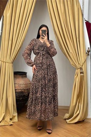 kadın kuşaklı leopar desenli şifon elbise DPMY3709